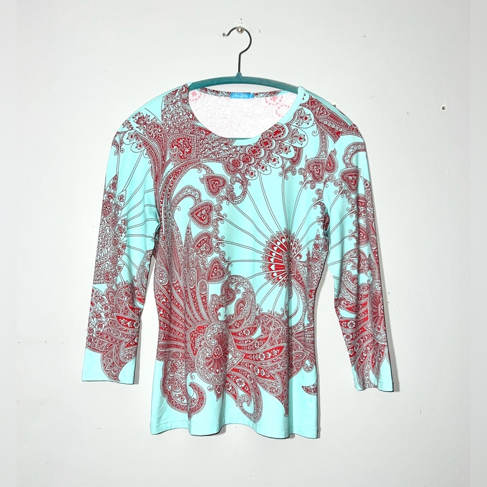 J. McLaughlin Catalina Cloth‎ 3/4-sleeve Top Aqua Paisley Stretch Sz S